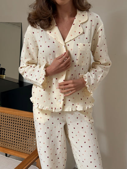 Muslin beige pajama set with print