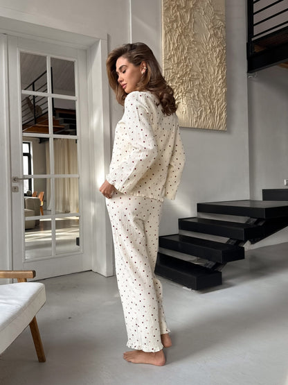 Muslin beige pajama set with print