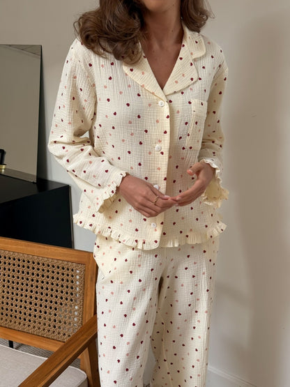 Muslin beige pajama set with print