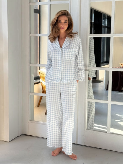 Muslin blue pajama set with print