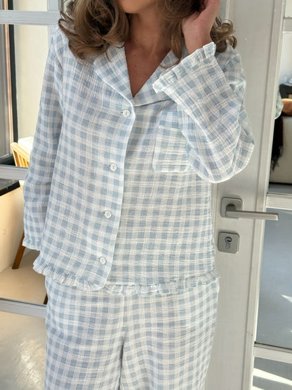 Muslin blue pajama set with print