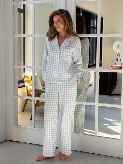 Muslin blue pajama set with print