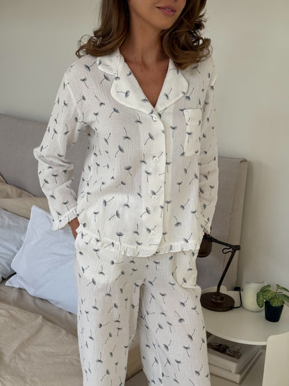 Muslin white pajama set with print