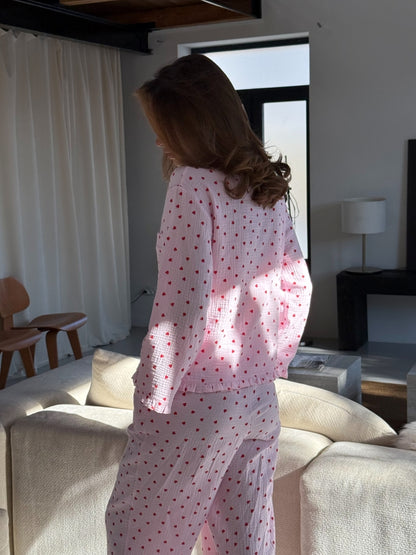 Muslin pink pajama set with print
