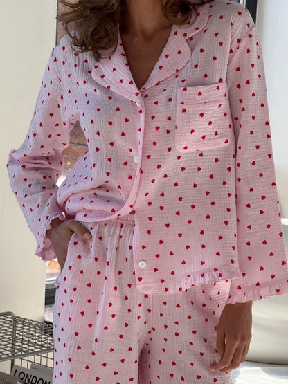 Muslin pink pajama set with print