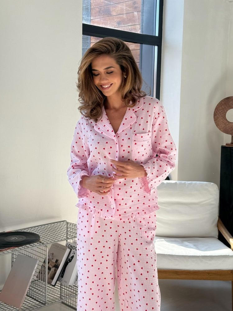 Muslin pink pajama set with print