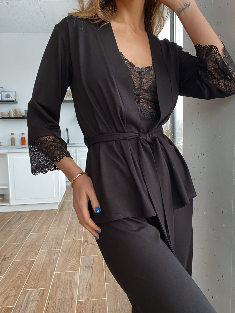 Black three piece pajamas set with lace