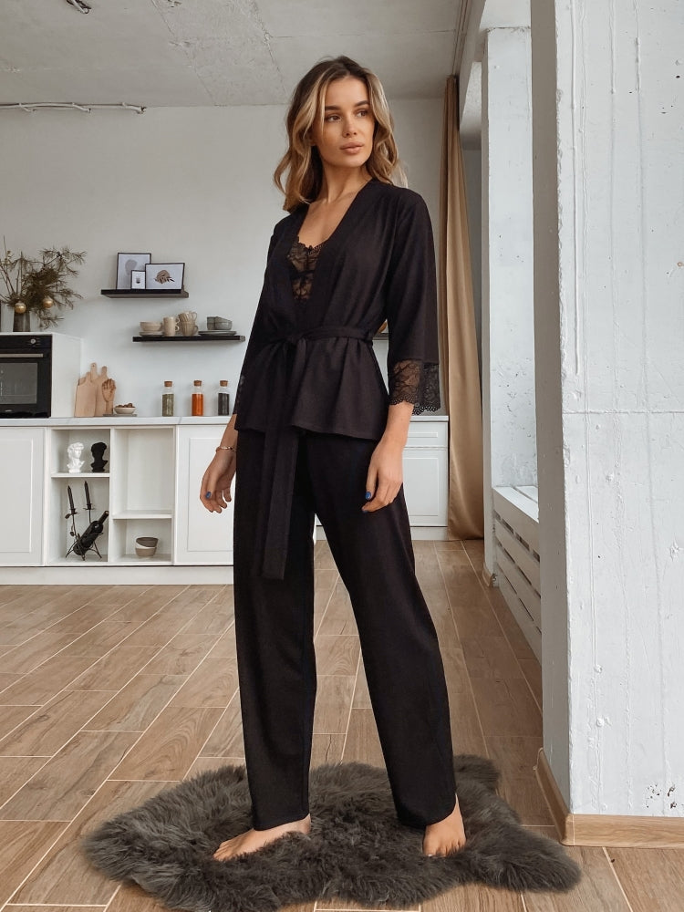 Black three piece pajamas set with lace