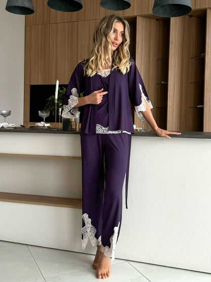 Elegant blackberry three piece pajamas set with lace