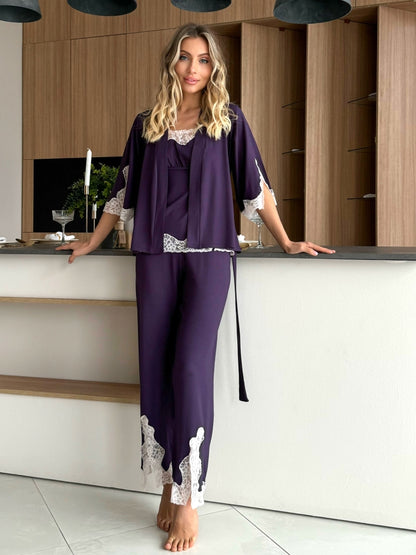 Elegant blackberry three piece pajamas set with lace