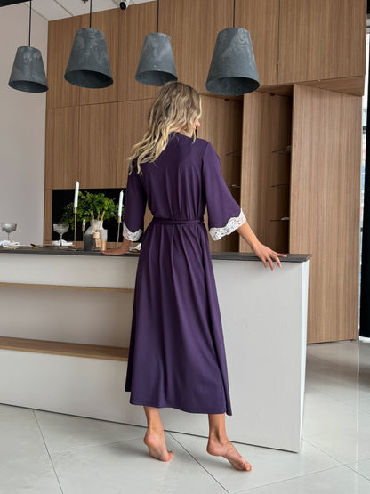 Blackberry long boudoir robe with lace