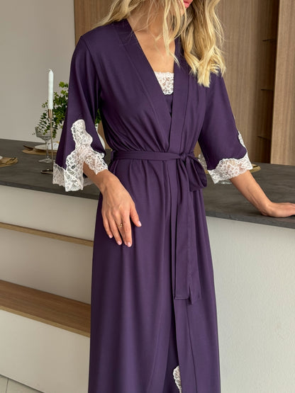 Blackberry long boudoir robe with lace