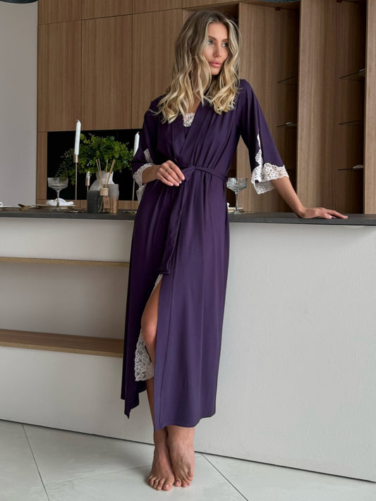 Blackberry long boudoir robe with lace