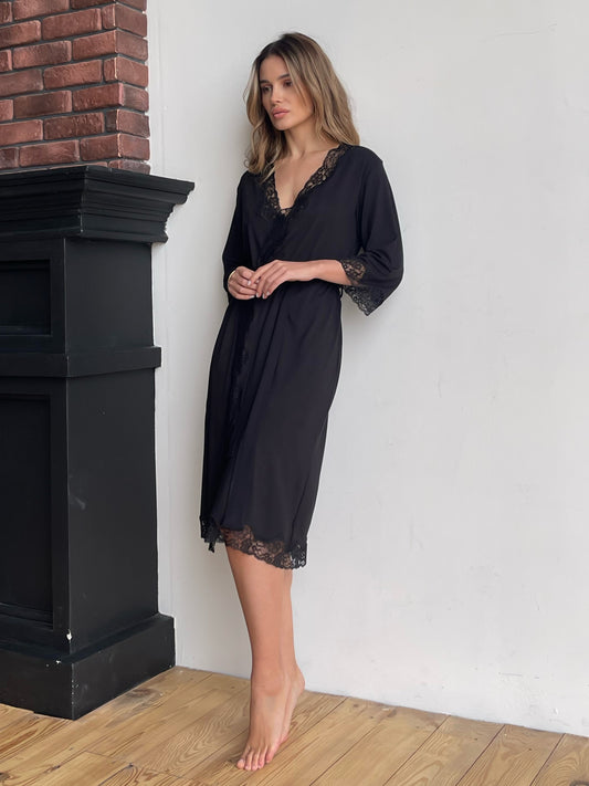 Black midi boudoir robe with lace