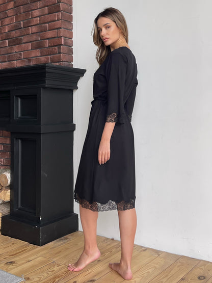 Black midi boudoir robe with lace