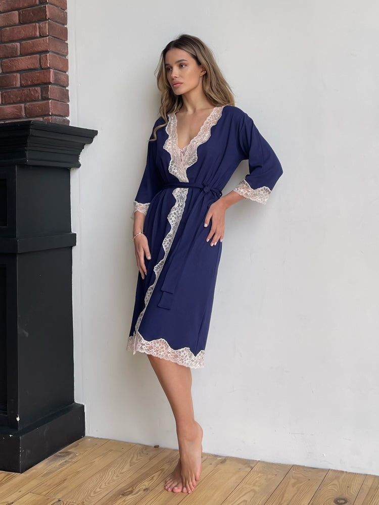 Navy midi boudoir robe with lace