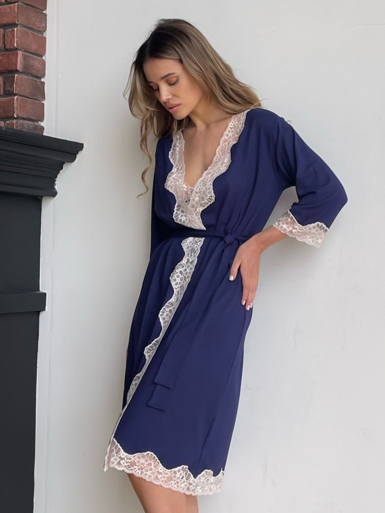 Navy midi boudoir robe with lace