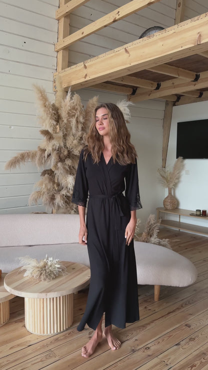 Black long boudoir robe with lace