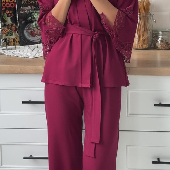 Elegant burgundy three piece pajamas set with lace