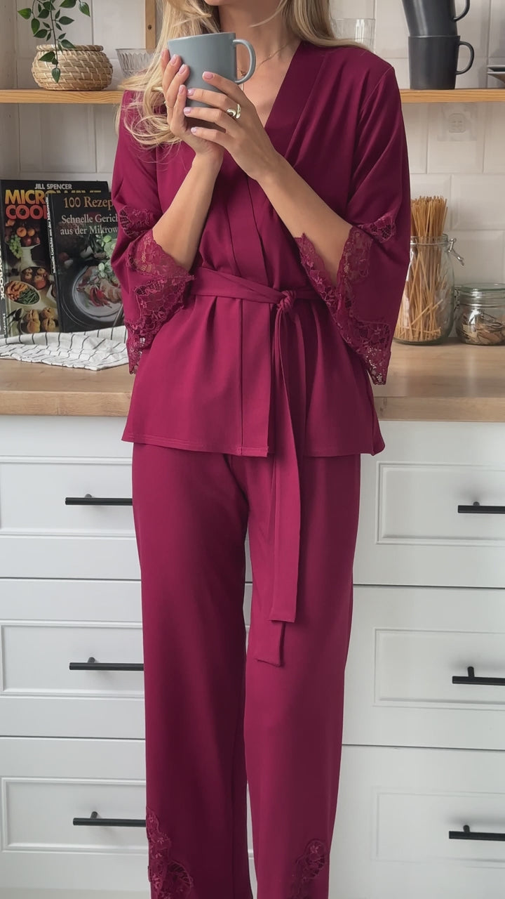 Elegant burgundy three piece pajamas set with lace