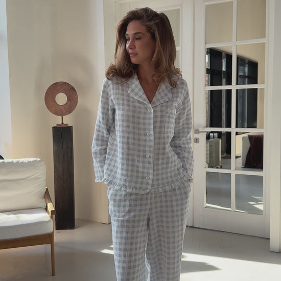 Muslin blue pajama set with print