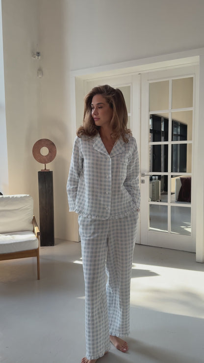 Muslin blue pajama set with print