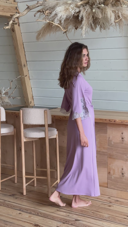 Lilac long boudoir robe with lace