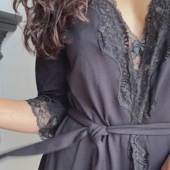 Black long boudoir robe with lace