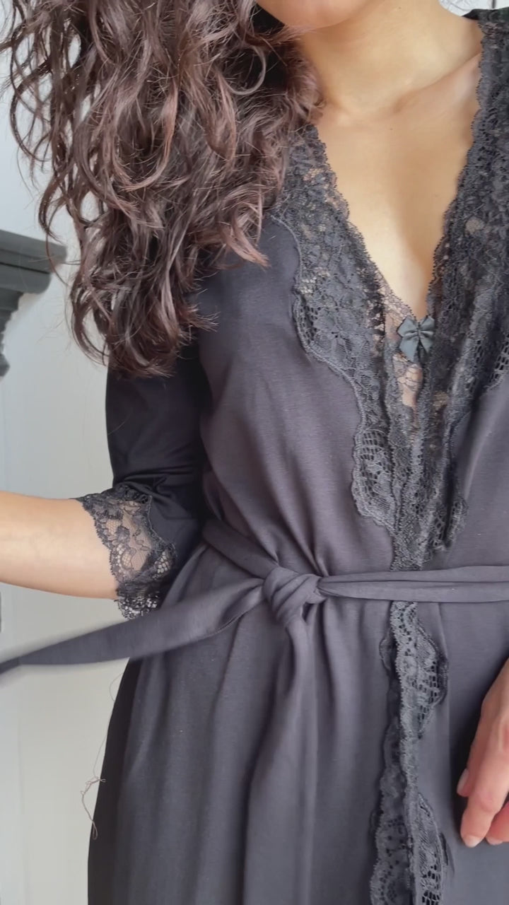Black long boudoir robe with lace
